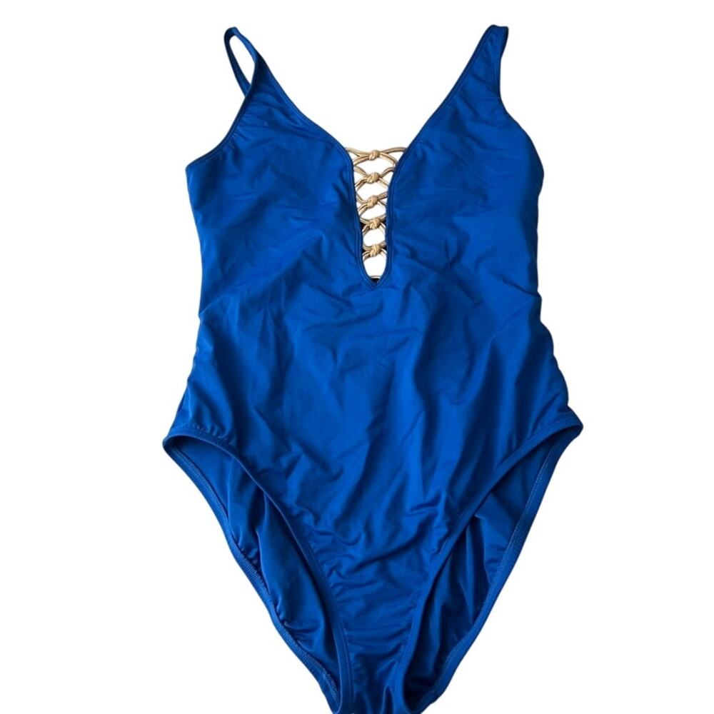 Bleu Rod Beattie Lattice Knot One Piece Swimsuit Bathing Suit Blue Gold Size 12